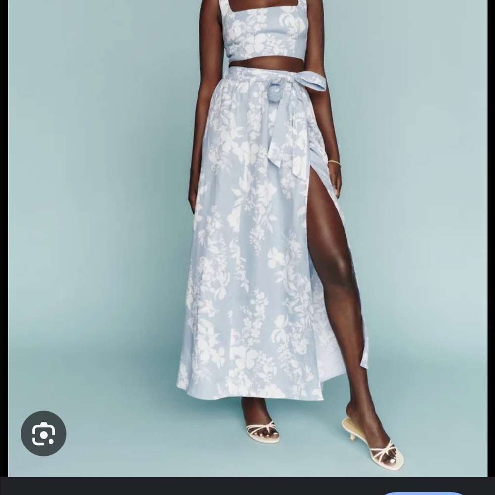 Reformation Light Blue and White Floral Maxi Skirt and Top. Two piece set